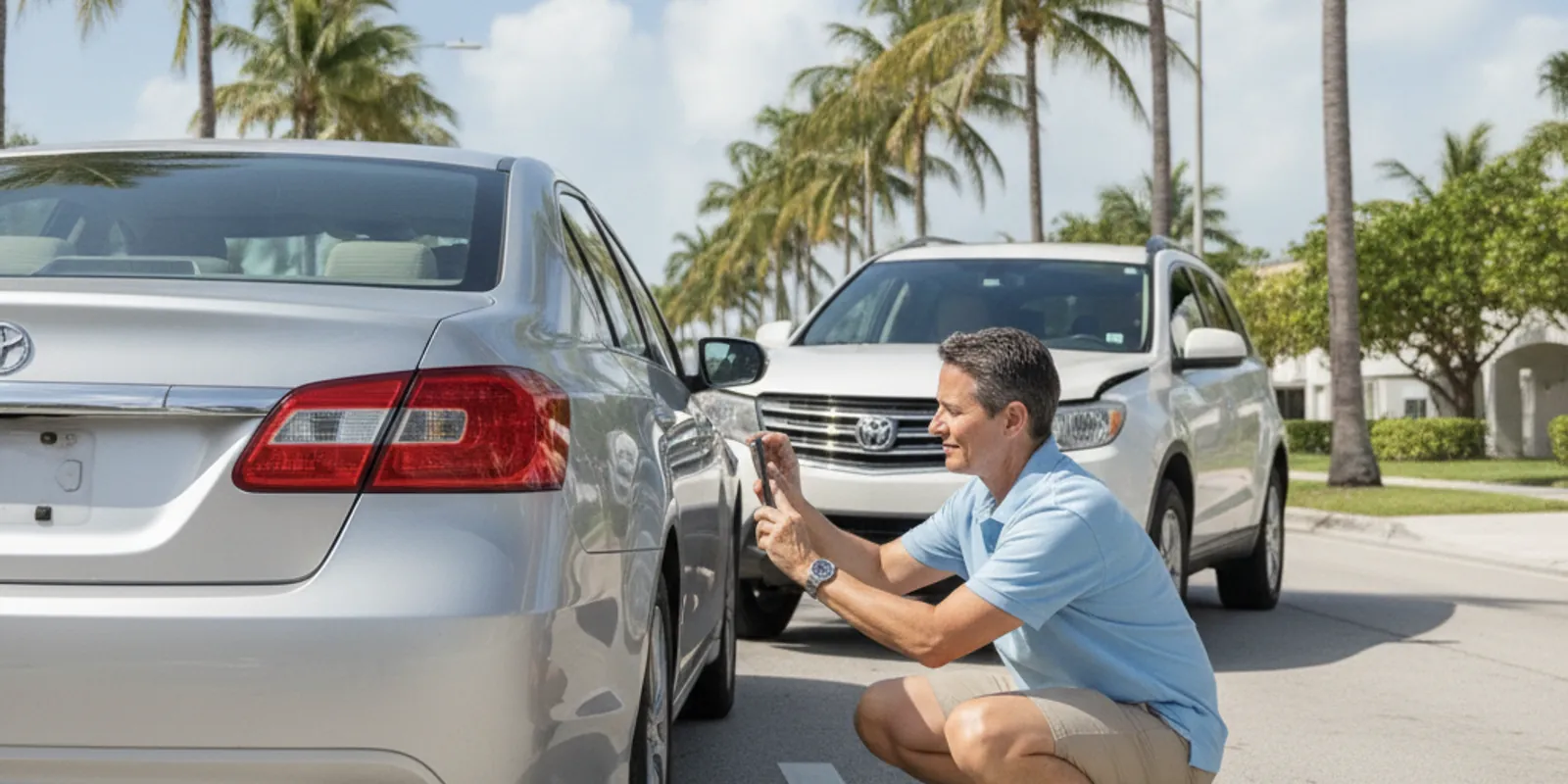 Two cars after a minor collision on a sunny Miami street being photographed for a claim — Accident Lawyer Miami Plus