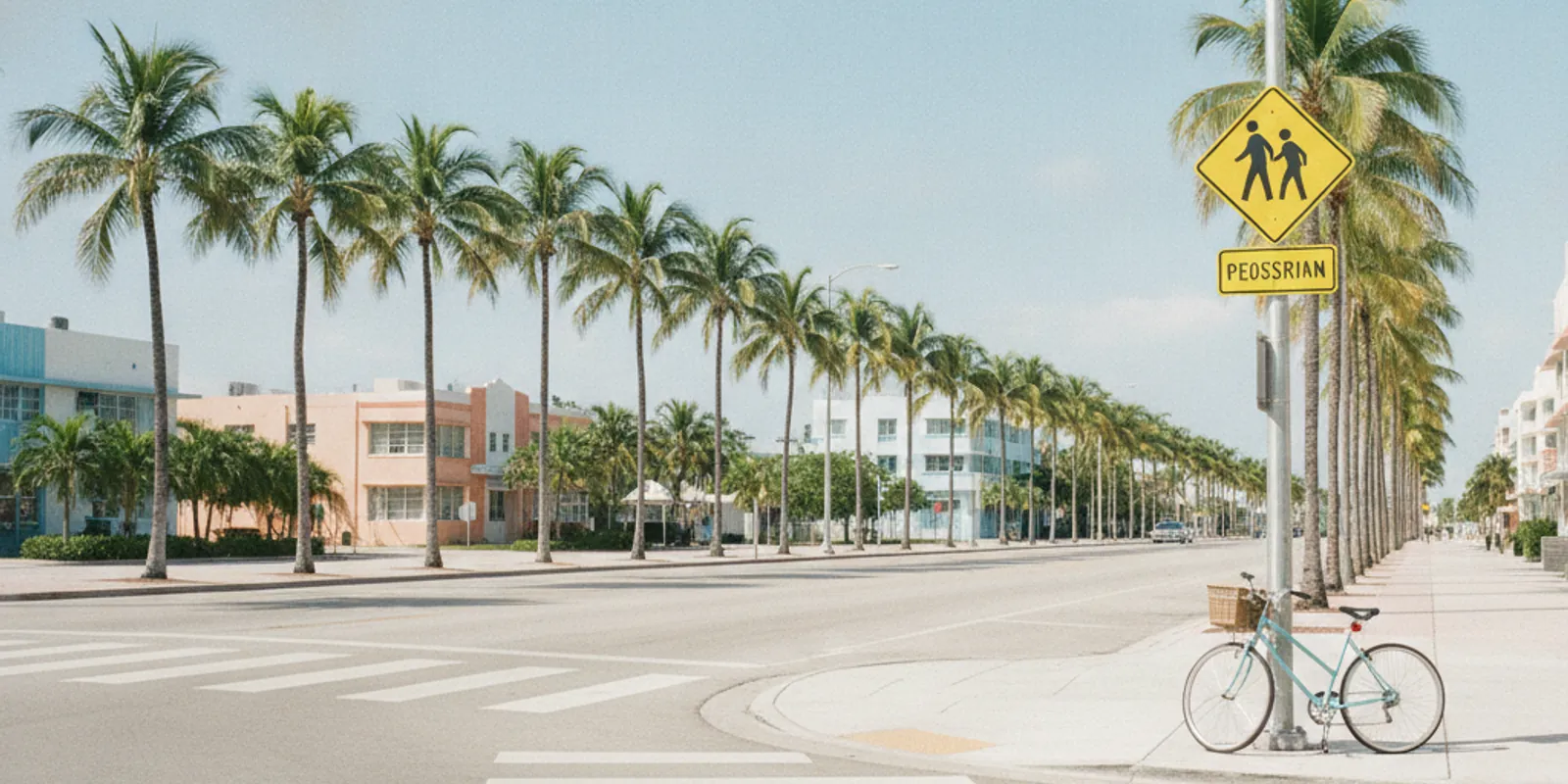 A sunny Miami crosswalk with a bicycle and a pedestrian-crossing sign — Accident Lawyer Miami Plus