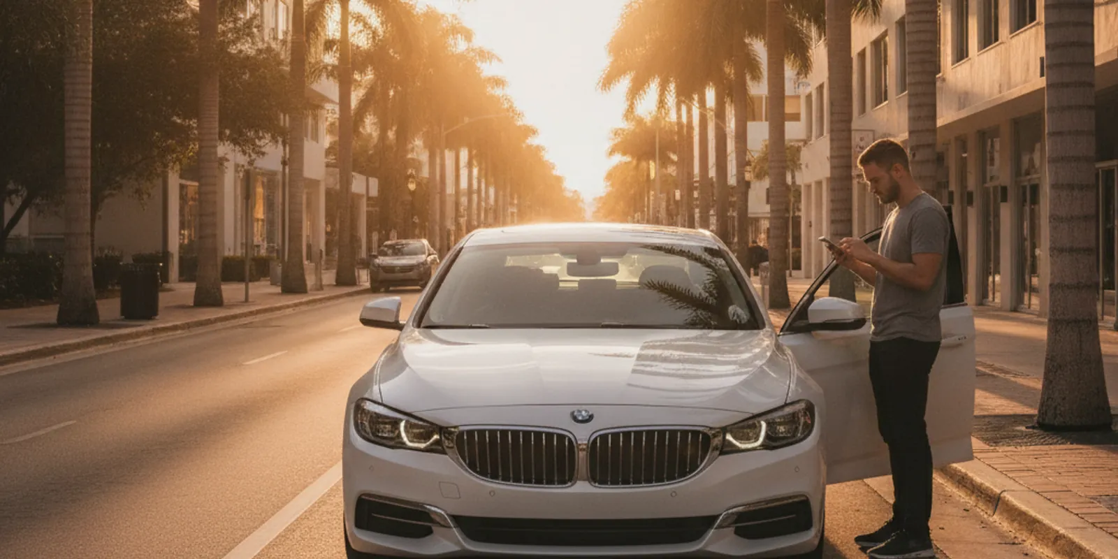 A rideshare sedan on a Miami street at golden hour with the app open — Accident Lawyer Miami Plus