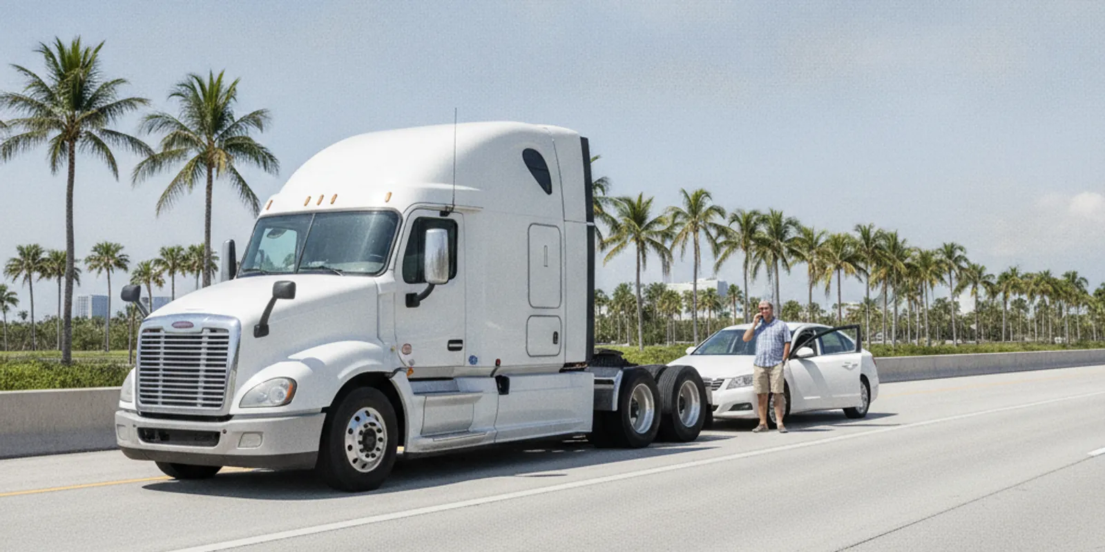 An 18-wheeler semi truck and a car pulled over on a bright Florida highway — Accident Lawyer Miami Plus