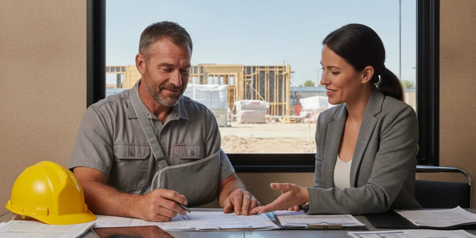 An injured construction worker with an arm sling reviewing paperwork with an advisor — Accident Lawyer Miami Plus