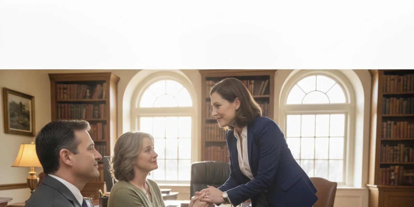 An attorney compassionately reassuring a family member in a warm office — Accident Lawyer Miami Plus